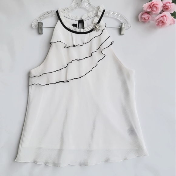 BCX White Sleeveless Sheer Chiffon Ruffle Top Black Trim Women's Size XL Junior - Picture 11 of 11